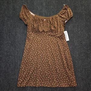 Brown Floral Mini Dress NWT Large Off the Shoulder Coquette
